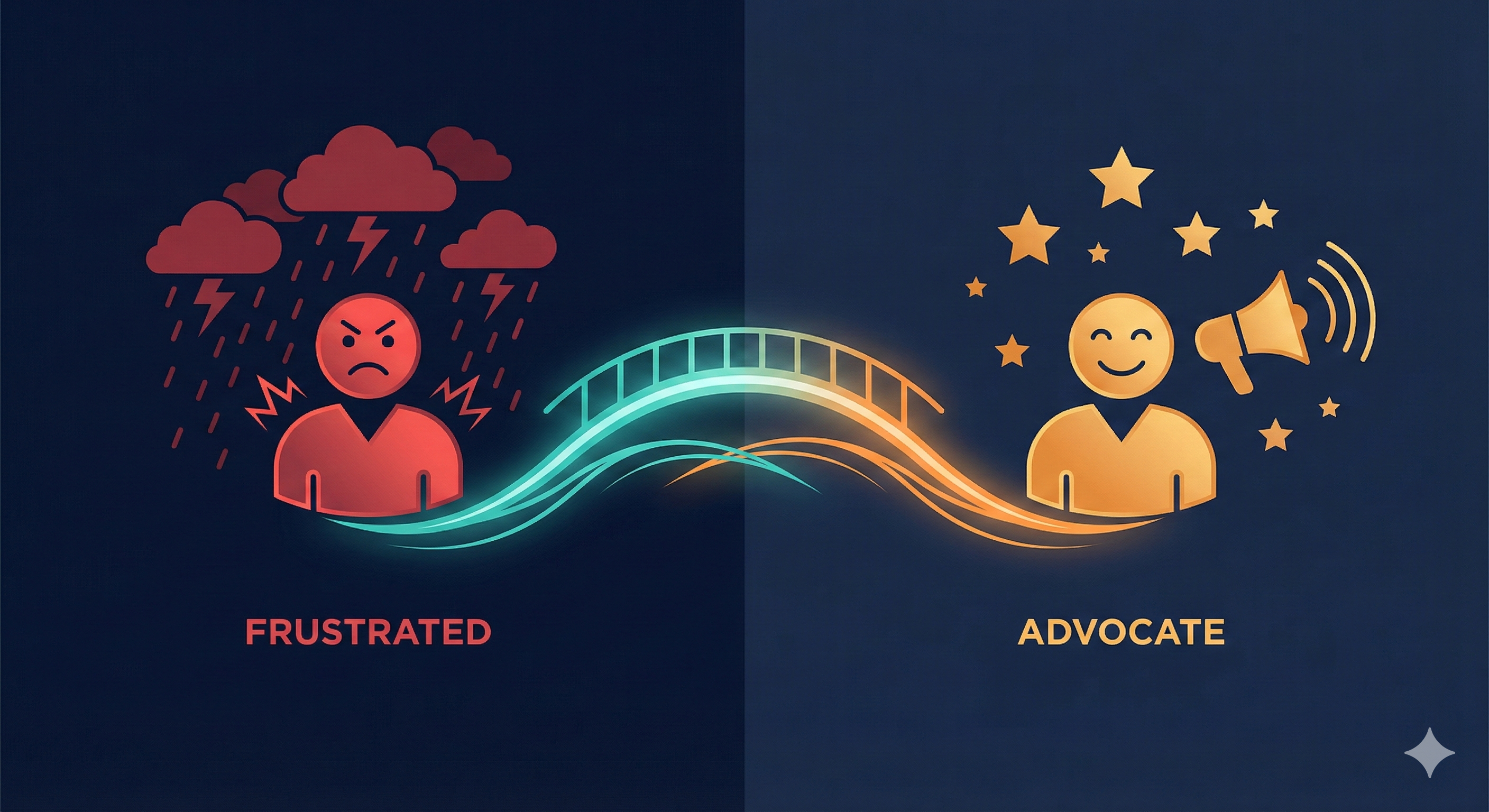 Transformation from angry critic to loyal advocate - showing the journey from frustration to brand champion