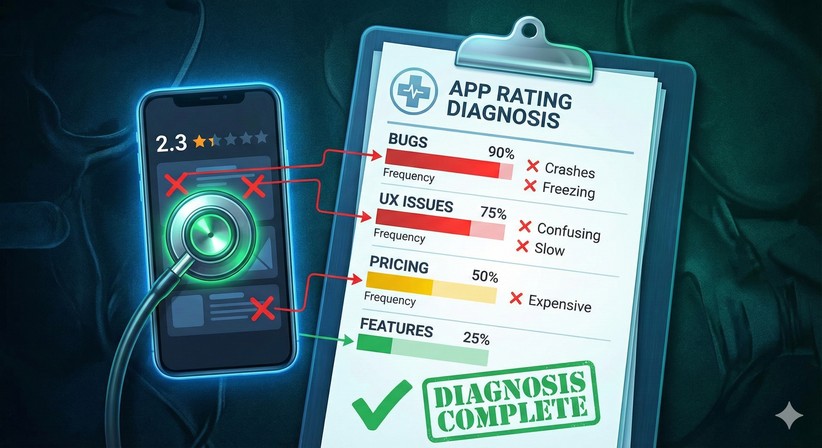 Diagnostic process for identifying root causes of low app ratings