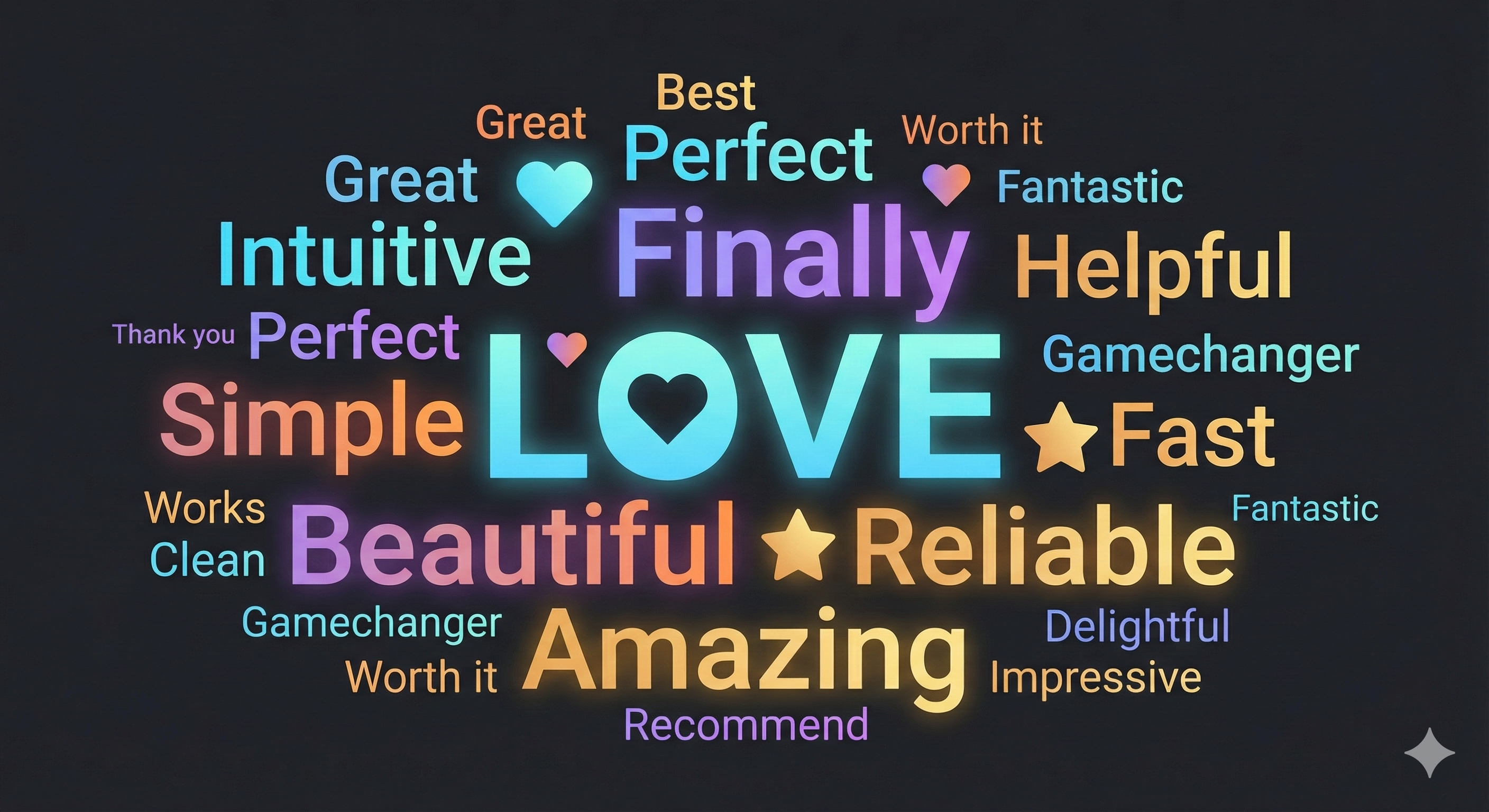 Word cloud showing emotional words commonly used in 5-star reviews
