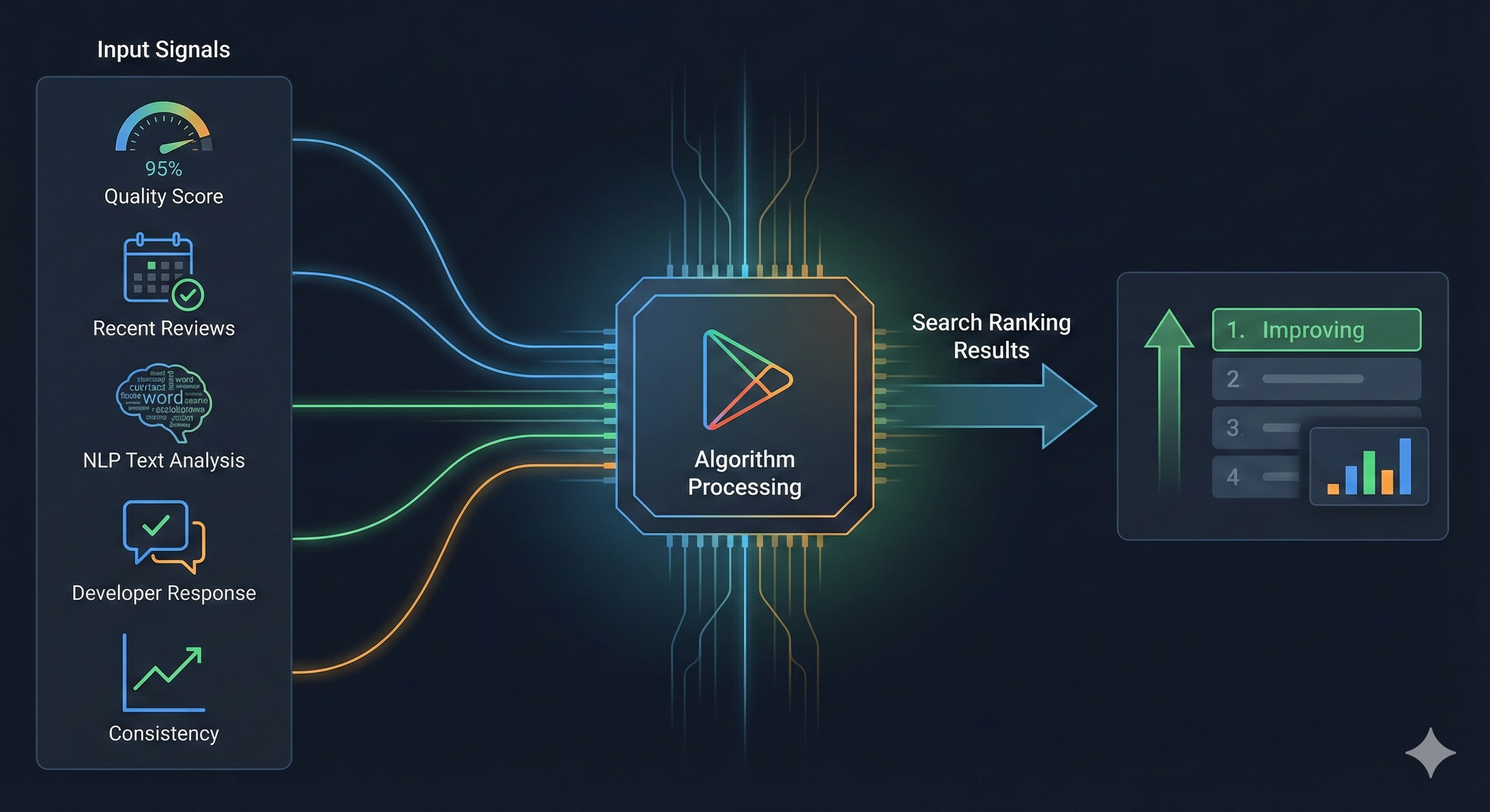 Google Play Store algorithm visualization showing review signals and their relative importance