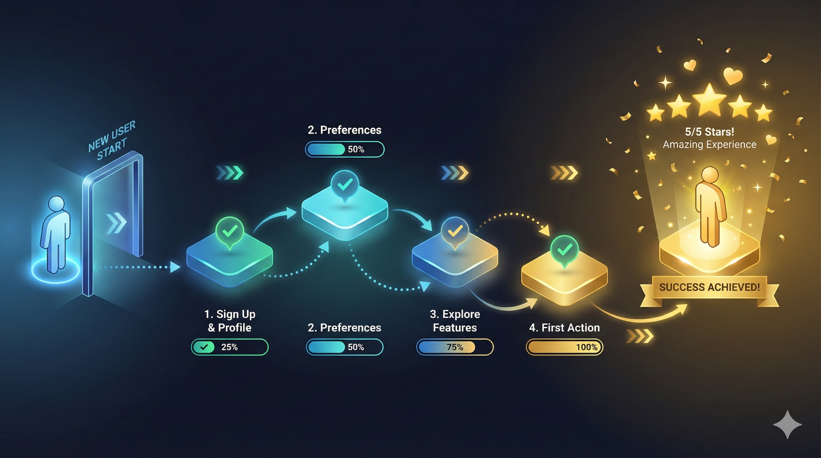 User journey showing smooth onboarding flow leading to 5-star rating