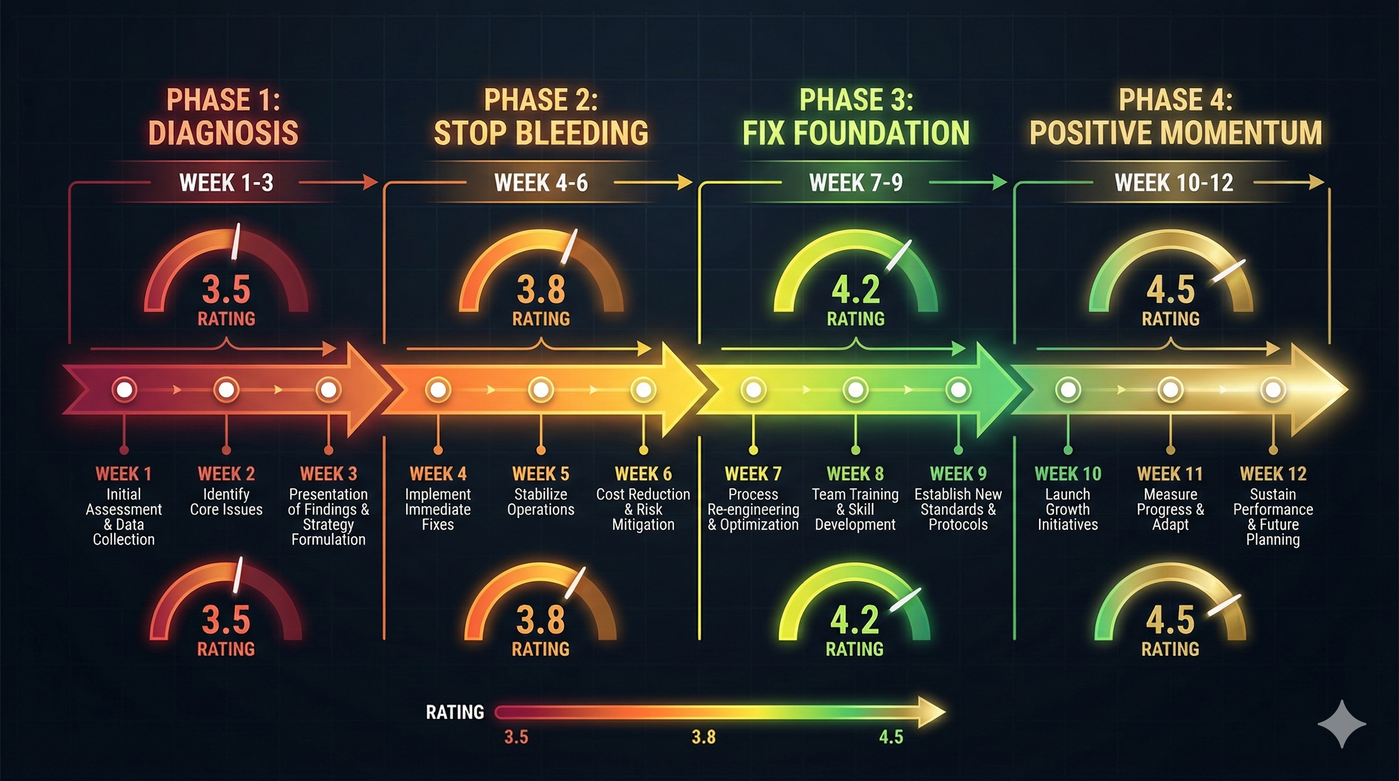 Timeline showing typical rating recovery over 12 weeks