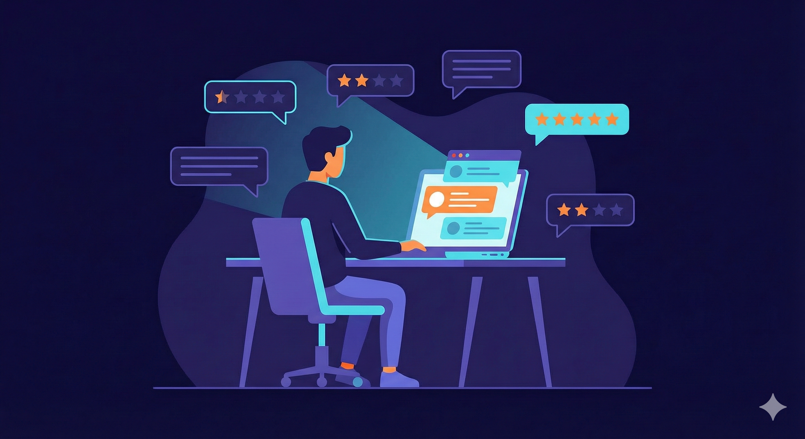 Developer responding to app reviews on multiple devices showing conversation bubbles and star ratings