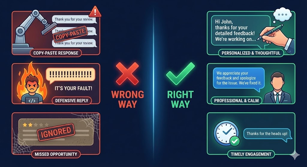 Examples of poor review responses with red X marks showing what to avoid