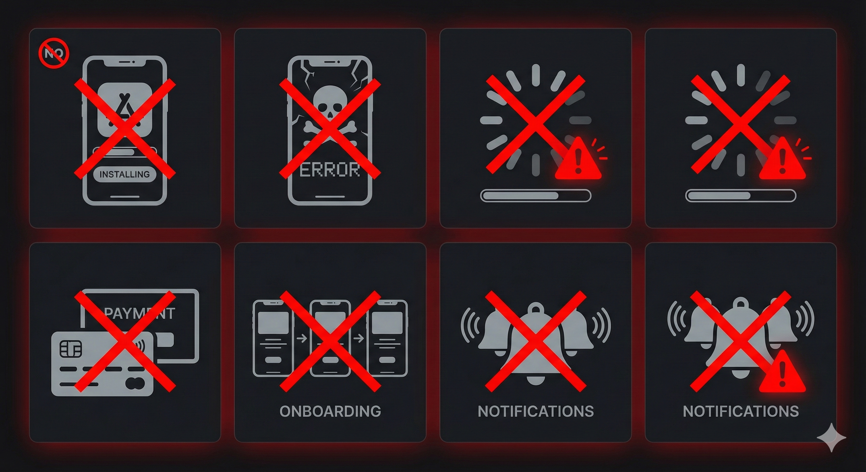 Warning signs showing moments to avoid asking for app reviews